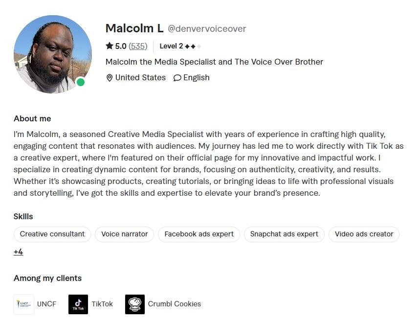 Malcolm&rsquo;s Fiverr profile showing a 5.0 rating from 535 reviews